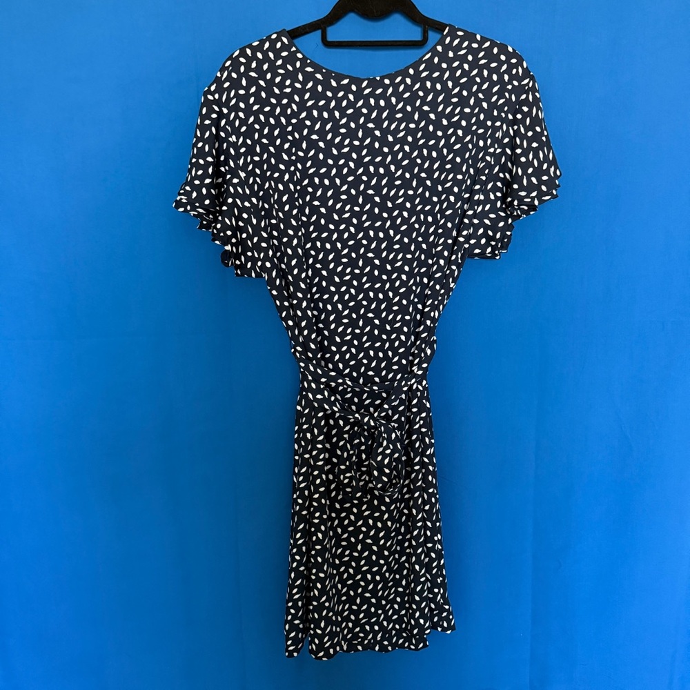 H&M Tie Belt Navy Blue Short Sleeve Polka Dot Mini Dress Size 8